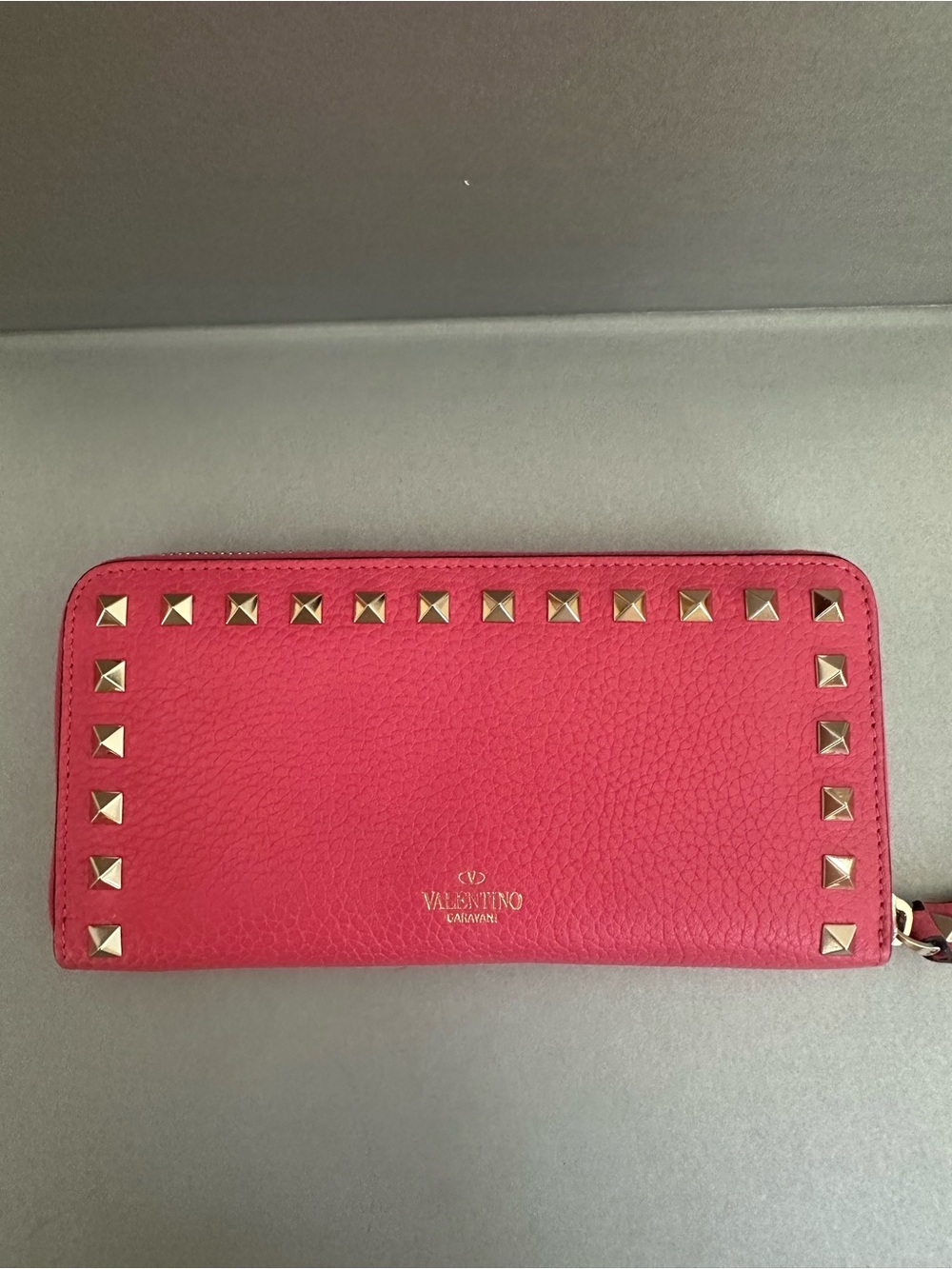 Valentino Garavani Pink Leather Zip-Around Wallet with Gold Rockstuds - OBO